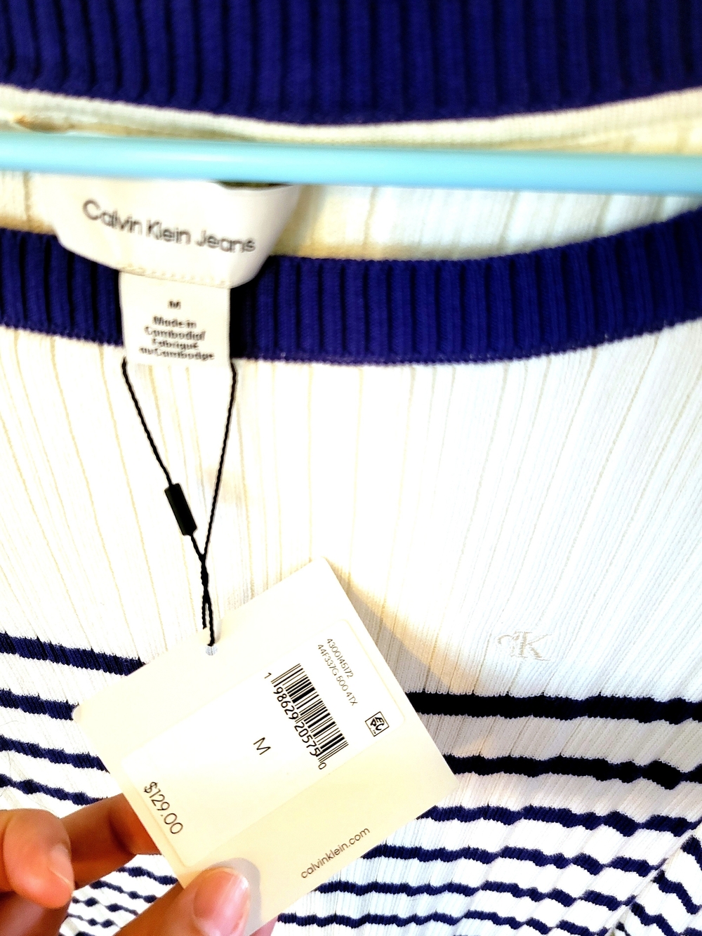 NWT Calvin Klein Jeans White and Navy Striped Rib Knit Dress - Picture 6 of 11